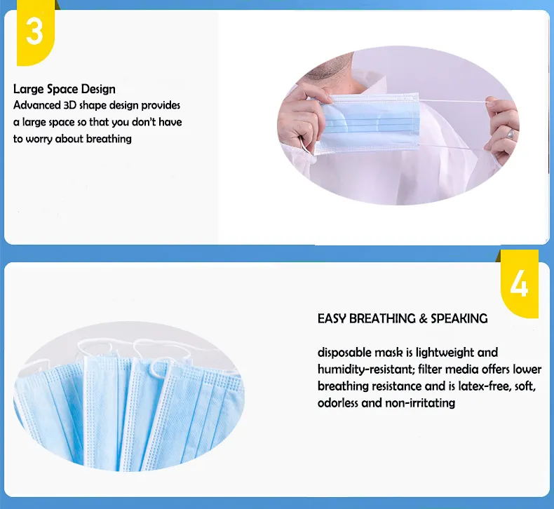 Disposable 3 Ply Non Woven Face Mask Respiratory Mask with Elastic Earloop