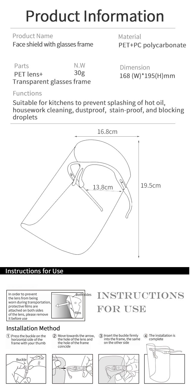 Glasses Frame Transparent Safety High-Quality Plastic Protective Face Shield for Protect Eyes and Face Safely