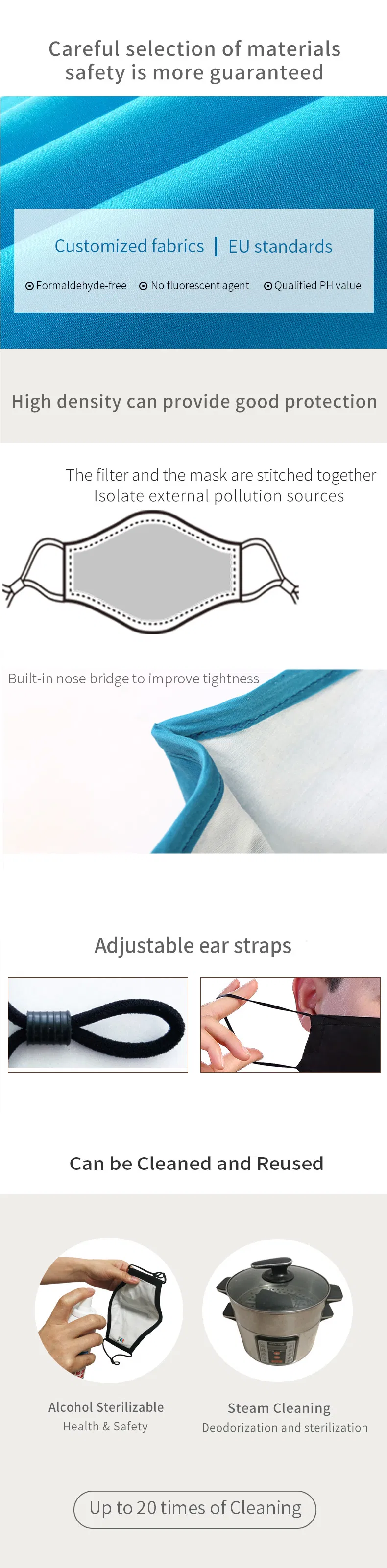 Personal Protective Mask Cotton Can Be Cleaned Repeated Use Virus Protection Bacteria Thin Air Permeability E-PTFE Nanofiltration Steam-Washable Idoesn′t Reduce