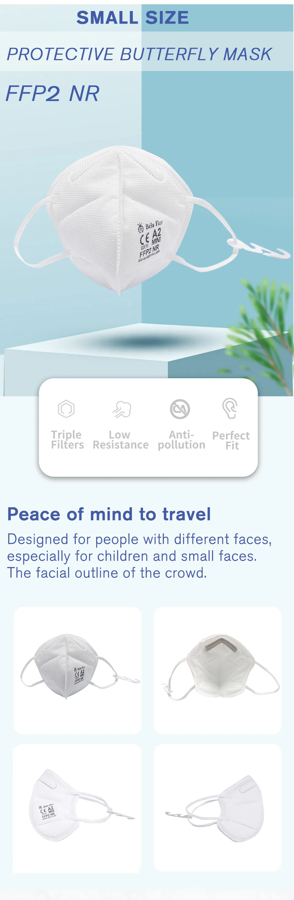 White List Factory FFP2 for Kids Unvalved Disposable Respiratory Fold Mask CE 0370 ISO 9001 ISO 13485