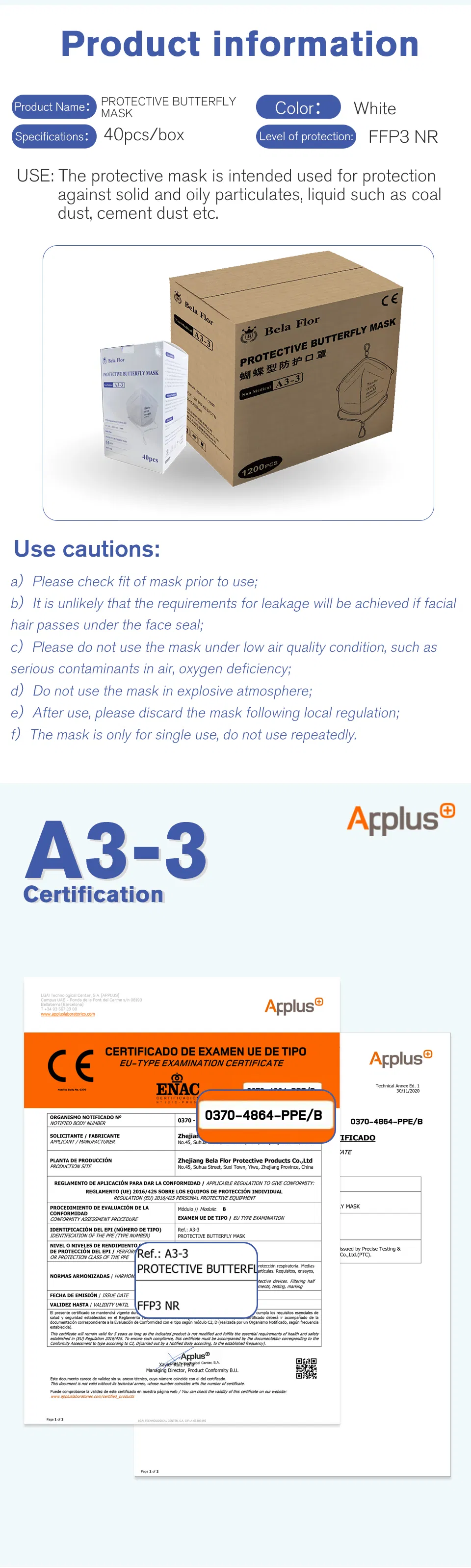 White List Factory FFP3 Unvalved Respirator Disposable Protective Butterfly Face Mask CE ISO 9001 ISO 13485