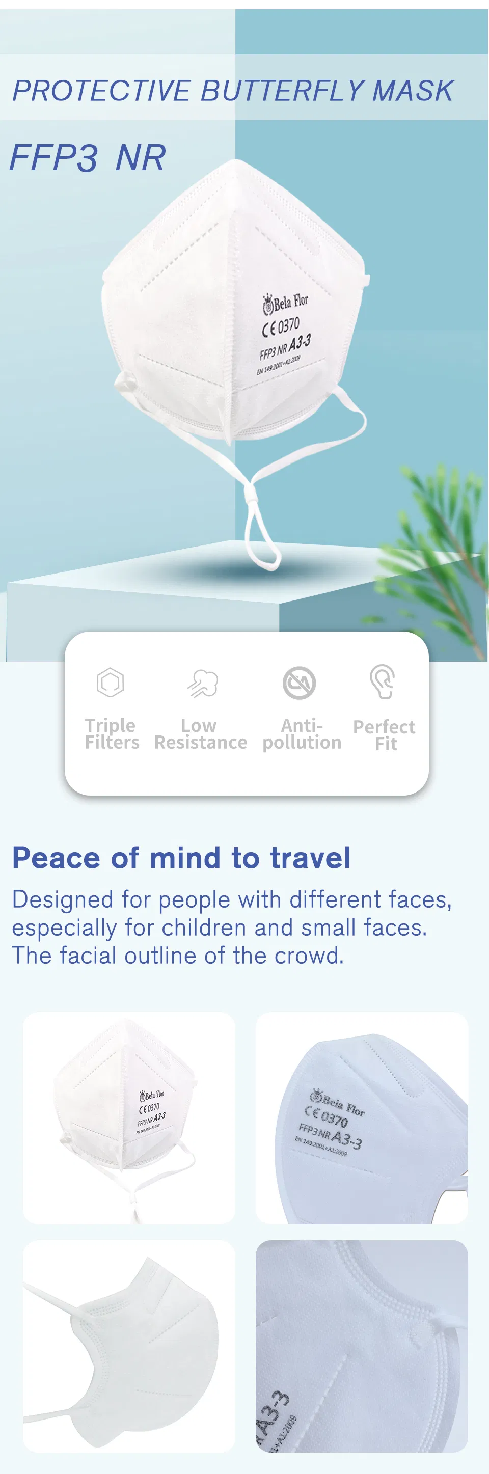 White List Factory FFP3 Unvalved Respirator Disposable Protective Butterfly Face Mask CE ISO 9001 ISO 13485