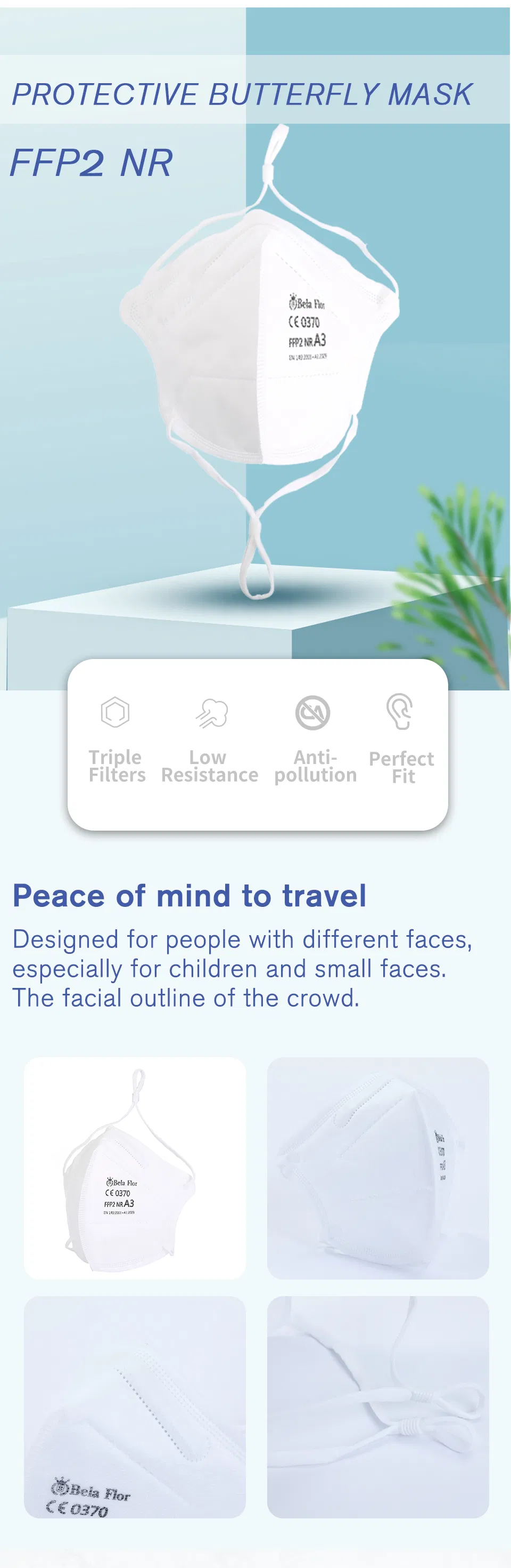 White List Manufacturer FFP2 Unvalved Respirator Disposable Protective Butterfly Face Mask CE 0370 Fold Flat ISO 13485 ISO9001