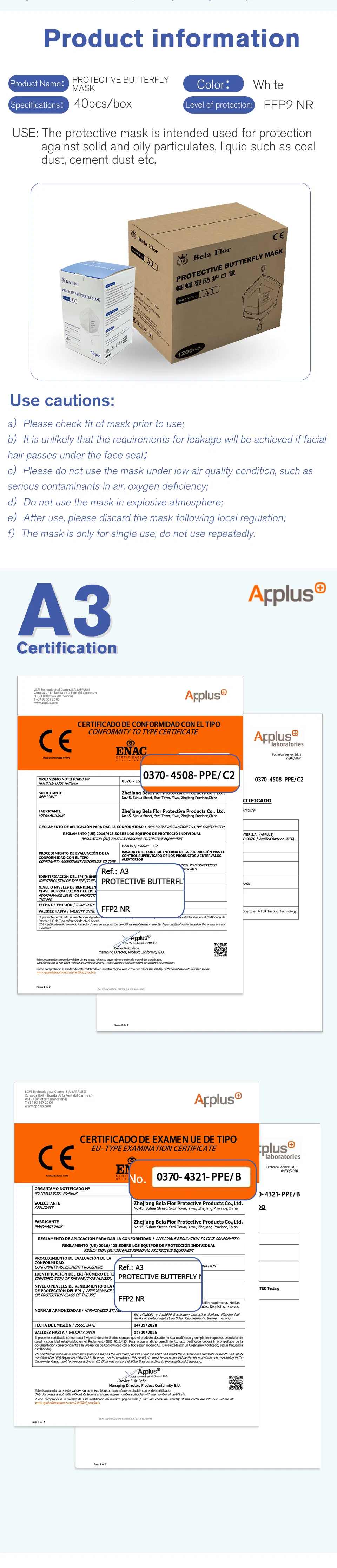 White List Manufacturer FFP2 Unvalved Respirator Disposable Protective Butterfly Face Mask CE 0370 Fold Flat ISO13485 ISO9001